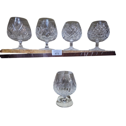 473 - Collection of 4 large brandy glasses and 1 large Stuart crystal brandy glass