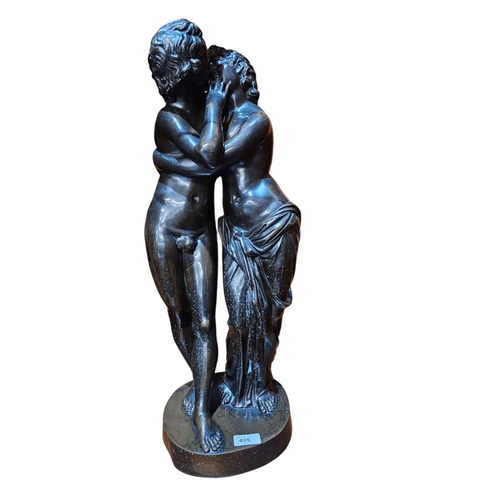 495 - A late 19th century French  patinated bronze group of lovers poised in an embrace. He nude save a fi... 