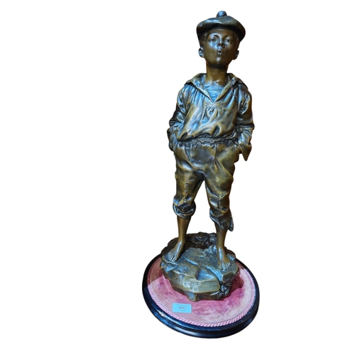 497 - A FRENCH BRONZE FIGURE OF A BOY WHISTLING ENTITLED 'MOUSSE SIFFLEUR'
LATE 19TH CENTURY, AFTER VICTOR... 