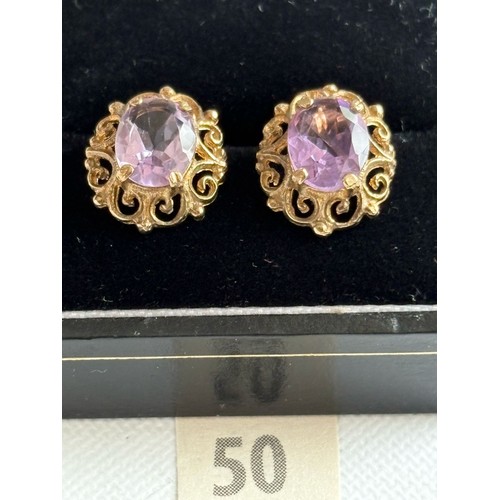 594 - Gorgeous 9ct yellow gold oval cut large amethyst gemstone earrings. Fully hallmarked, 3g