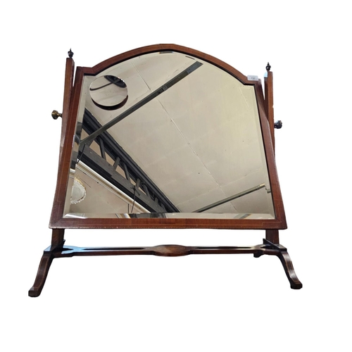 737 - An Edwardian mahogany swing  bathroom mirror with chequered line in lake and boxwood line stringing ... 