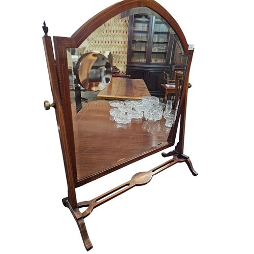 737 - An Edwardian mahogany swing  bathroom mirror with chequered line in lake and boxwood line stringing ... 