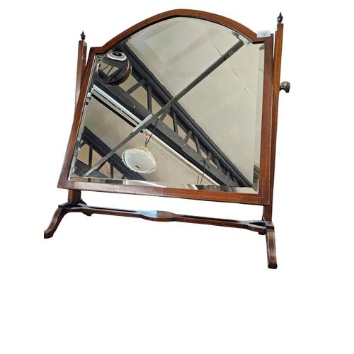 737 - An Edwardian mahogany swing  bathroom mirror with chequered line in lake and boxwood line stringing ... 