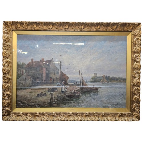 783 - Stanley Leader 19th century oil painting, Christ Church a view at the waters edge with boats and fig... 