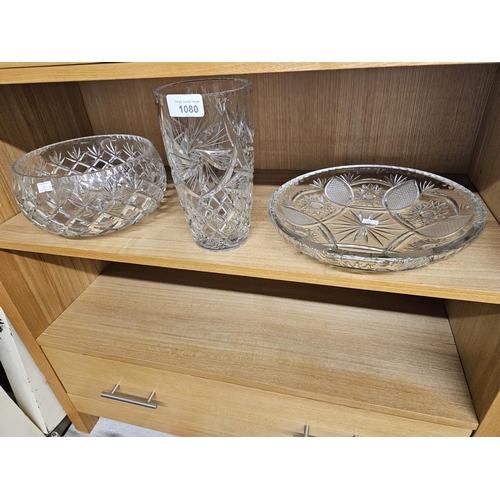 1080 - 3 pieces quality glass items, bowl, vase, dish