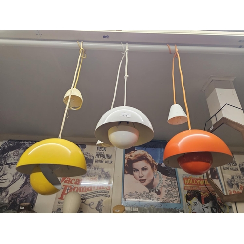 678 - Three Flowerpot design ceiling lamps pendants,  Verner Panton, Space Age style orange,  yellow,  whi... 