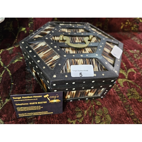 5 - 19th Century hexagonal box crafted from porcupine quills, ebony and bone. Ceylon / Sri Lankan