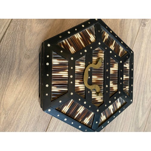 5 - 19th Century hexagonal box crafted from porcupine quills, ebony and bone. Ceylon / Sri Lankan