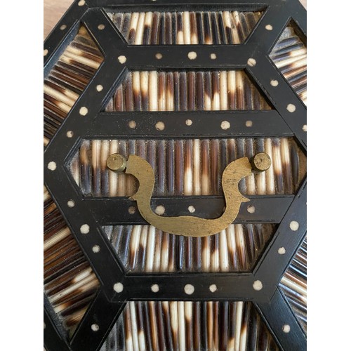 5 - 19th Century hexagonal box crafted from porcupine quills, ebony and bone. Ceylon / Sri Lankan