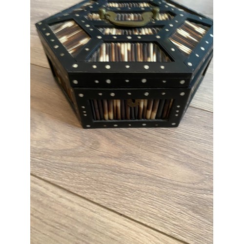 5 - 19th Century hexagonal box crafted from porcupine quills, ebony and bone. Ceylon / Sri Lankan