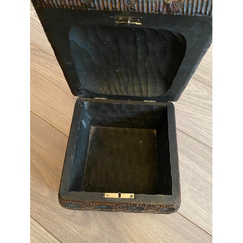 24 - Antique beautiful hand carved wooden box possibly of Indian origin,  19 w x 15 h cm