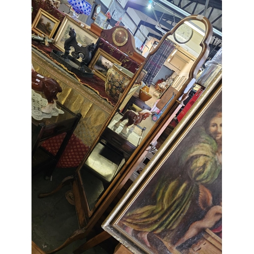 1 - Beautiful shaped free standing mirror with carved detail to legs mahogany