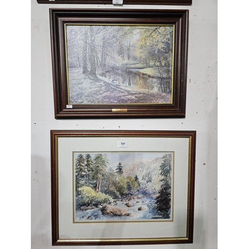 121A - Two framed pictures of woodland and river images