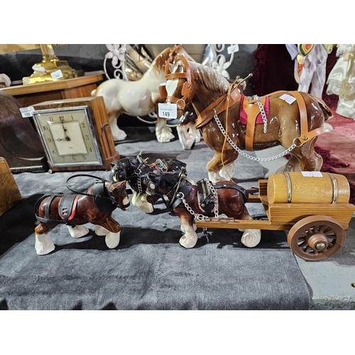 149 - Shire horse collection to include horse in harness wine barrel wooden wagon and shire horse etc