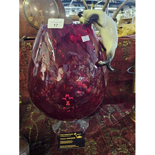 17 - Beautiful large ruby glass vase/bowl with cat and mouse figurines
