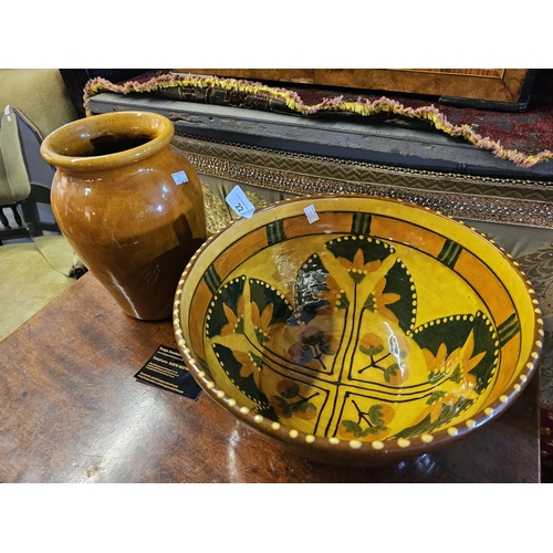 22 - Terracotta glazed Studio Pottery jar and hand painted large bowl made in North Wales