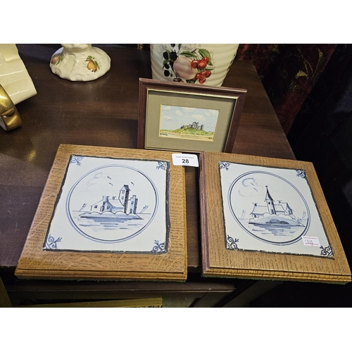 28 - Two vintage oak framed Delft tiles and small framed watercolour