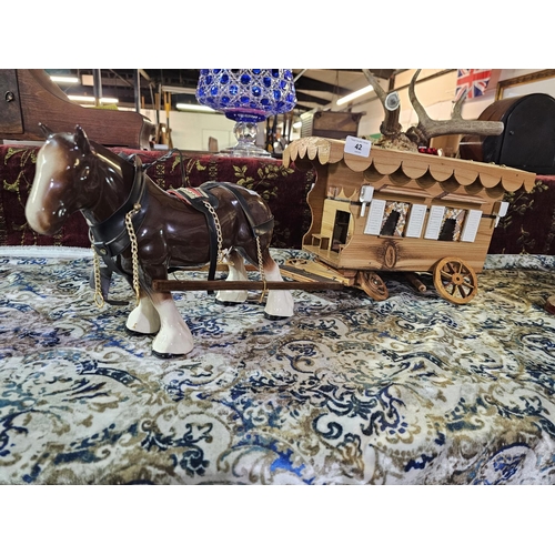 42 - Ceramic Shire Horse with wooden wagon