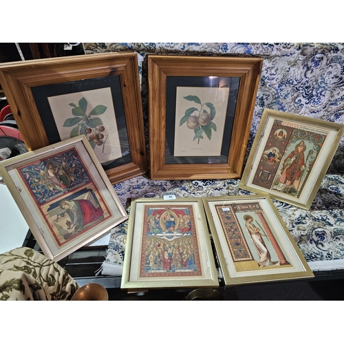 46 - Two pine framed still life pictures and four religious pictures