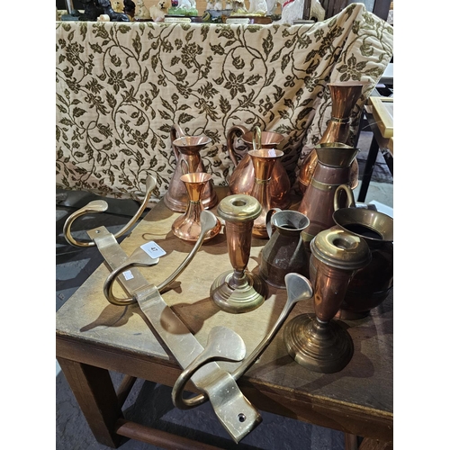 47 - Collection of brass and copper pitchers and vases plus a quality brass coat rack