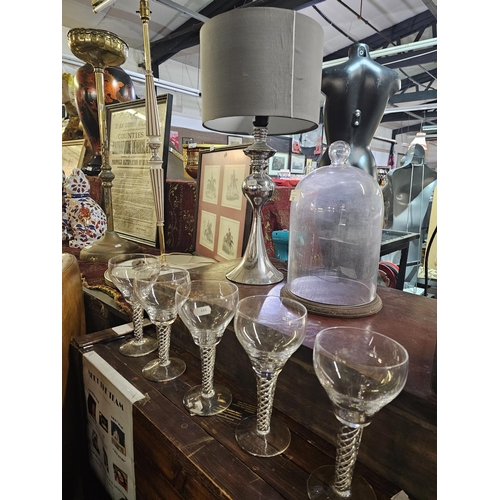 10 - Five Beautiful Vintage glasses with spiral effect stems. Glass Dome and a beautiful silver coloured ... 