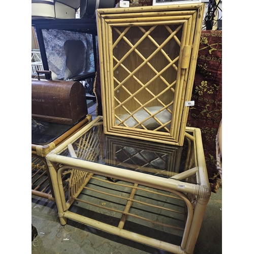 43 - Unusual Rattan/Bamboo Display cupboard with Lattice front and glass topped coffee table