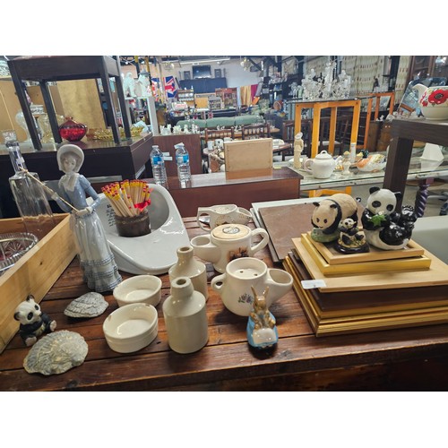 2 - Vintage shaving mugs,  stoneware,  shells and picture frames, Panda figures, Beatrice Pottery figure
