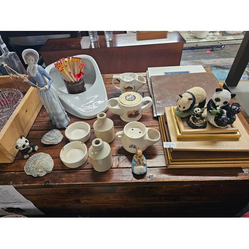 2 - Vintage shaving mugs,  stoneware,  shells and picture frames, Panda figures, Beatrice Pottery figure