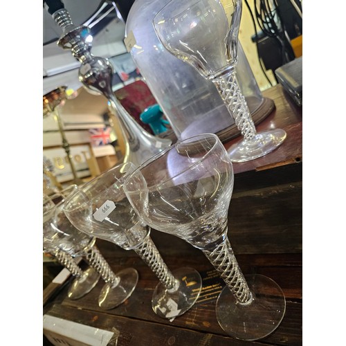 10 - Five Beautiful Vintage glasses with spiral effect stems. Glass Dome and a beautiful silver coloured ... 