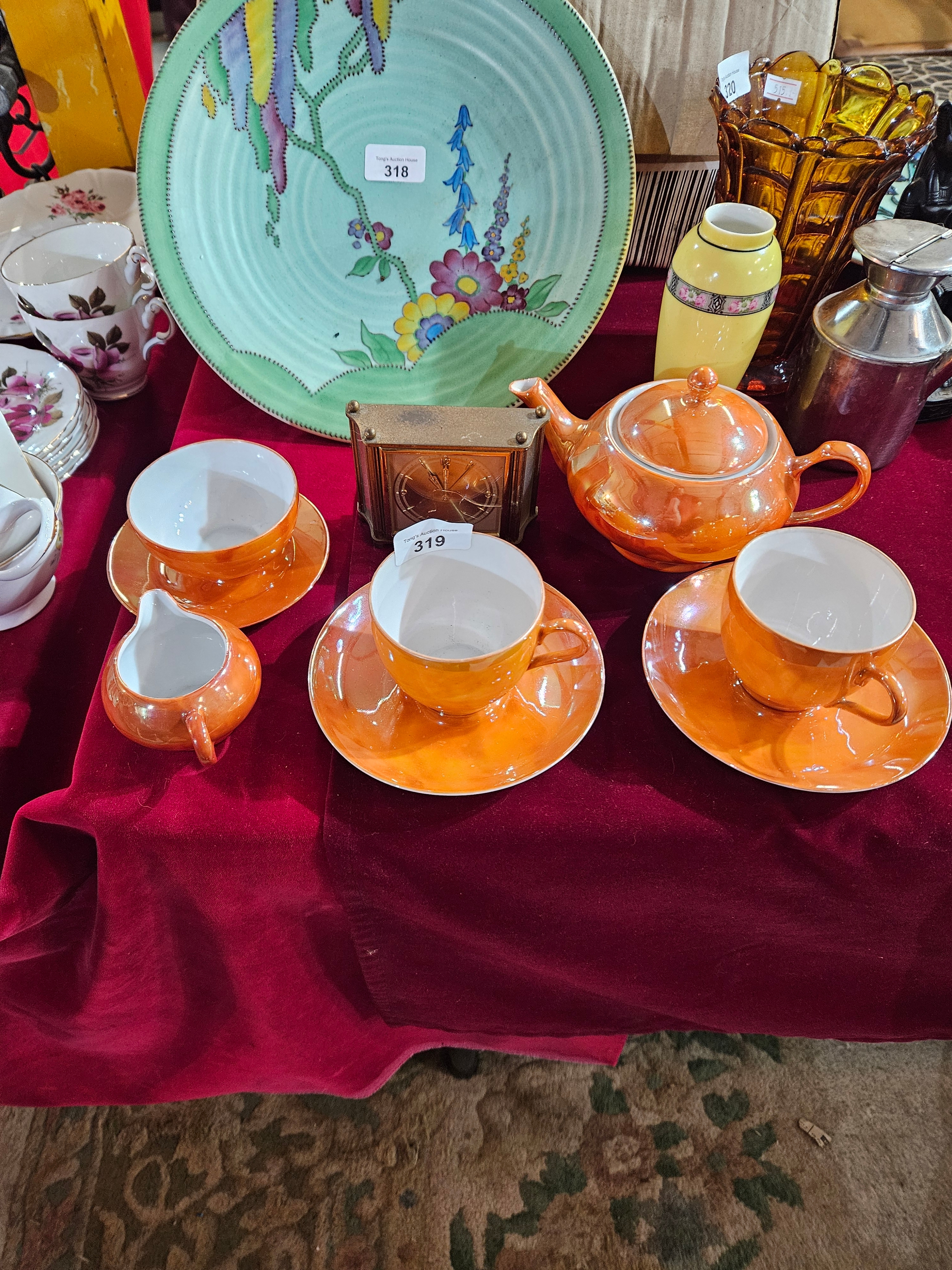 Beailutiful Czech tea set and vintage brass alarm clock