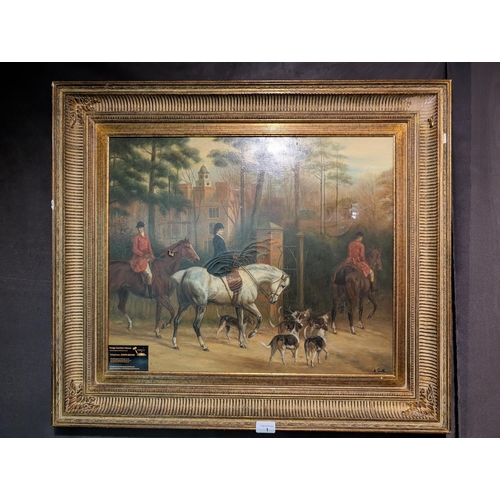 1 - Traditional English fox hunting scene signed painting, showcasing a group of riders on horseback and... 