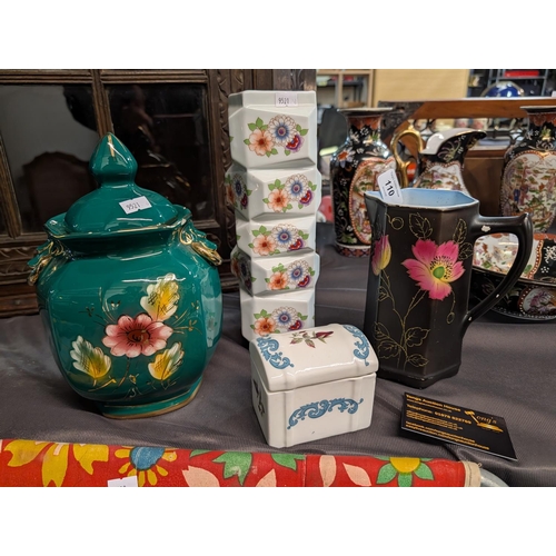 110 - Glazed ceramic Teal coloured urn, Stacked effect vase, Black glazed jug and trinket box