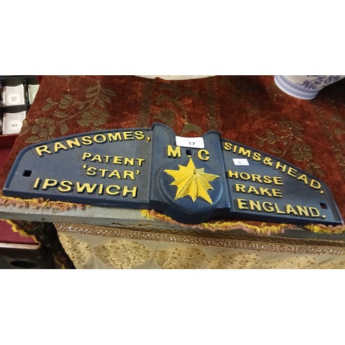 17P - An antique cast metal plaque from a Ransomes, Sims & Head 