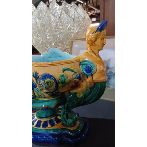 36P - 20th-century French Art Nouveau style Majolica jardinière, or planter vase, featuring multicolored g... 