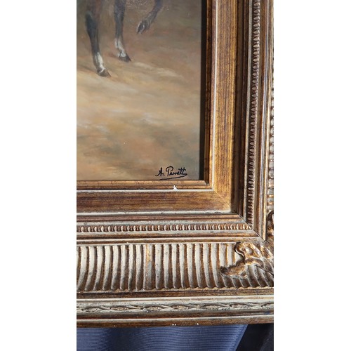 1 - Traditional English fox hunting scene signed painting, showcasing a group of riders on horseback and... 