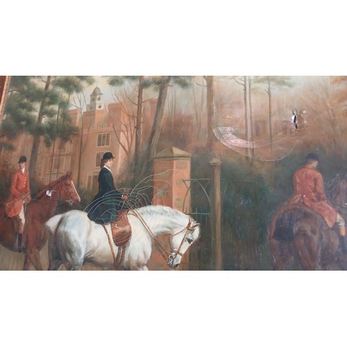 1 - Traditional English fox hunting scene signed painting, showcasing a group of riders on horseback and... 