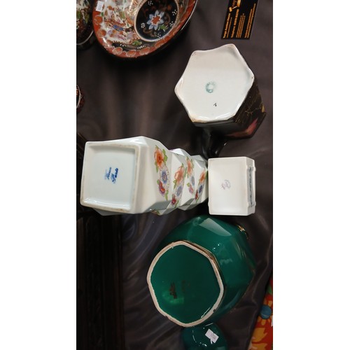 110 - Glazed ceramic Teal coloured urn, Stacked effect vase, Black glazed jug and trinket box