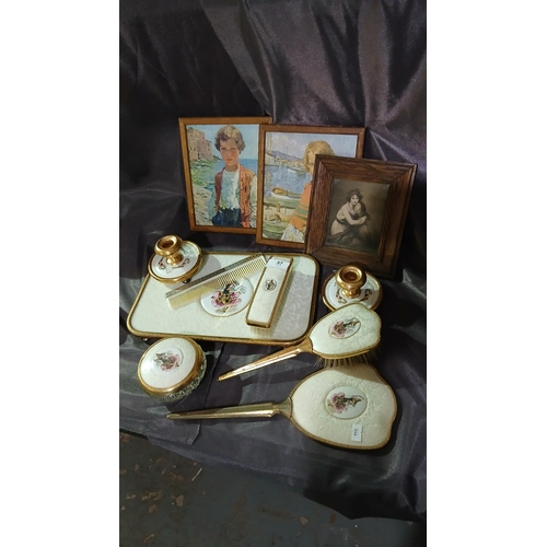 57 - vintage vanity dressing table set featuring porcelain inserts with floral designs, gold-tone handles... 