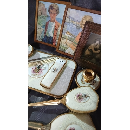 57 - vintage vanity dressing table set featuring porcelain inserts with floral designs, gold-tone handles... 