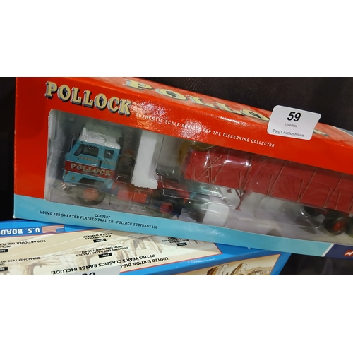 59 - Corgi 1:50 scale model truck, specifically the Pollock CC13107 Volvo F88 Sheeted Flatbed Trailer.
