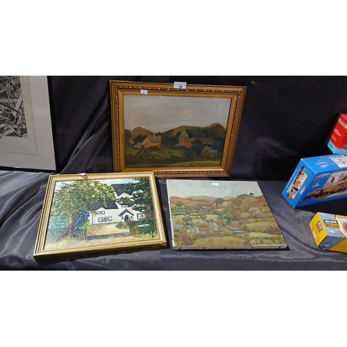 66 - vintage paintings, specifically three landscape and rural scenes 2 on canvas 1 on board
