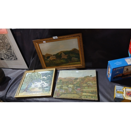 66 - vintage paintings, specifically three landscape and rural scenes 2 on canvas 1 on board