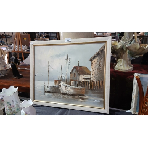68 - harbor scene with fishing boats oil painting on canvas featuring thick impasto brushwork, signed 