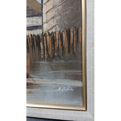 68 - harbor scene with fishing boats oil painting on canvas featuring thick impasto brushwork, signed 