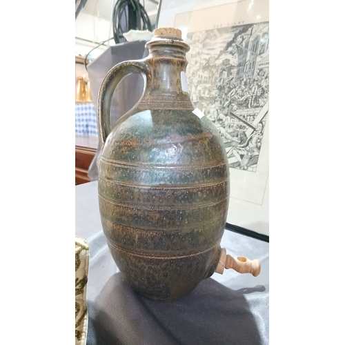 71 - ANTIQUE  ceramic stoneware cider jar with wooden tap and stopper