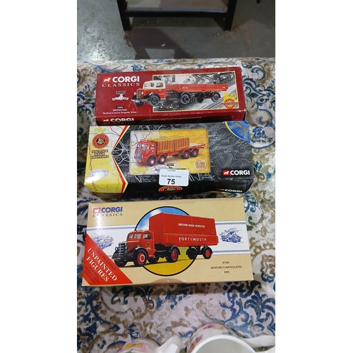 75 - three vintage Corgi Classics diecast vehicle models, including a Foden flatbed lorry and Bedford O S... 