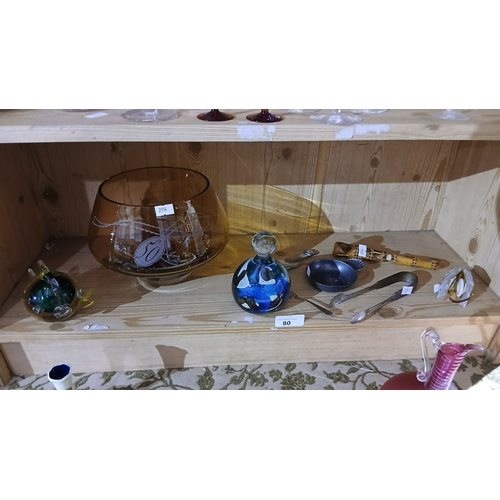 80 - Dartington crystal 50th anniversary bowl, a Maltese Mdina art glass bottle, metal spoons and tong se... 