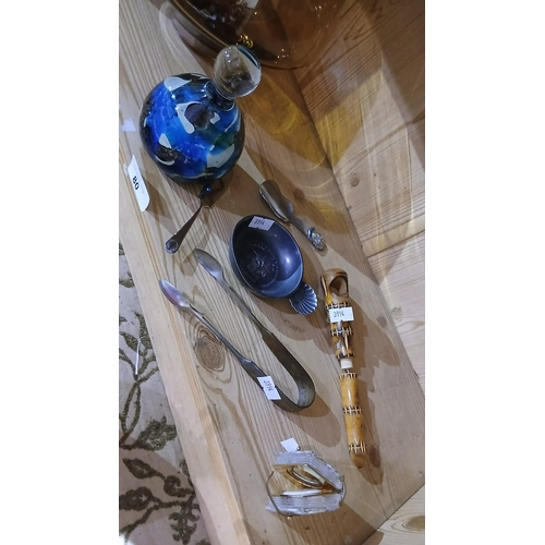 80 - Dartington crystal 50th anniversary bowl, a Maltese Mdina art glass bottle, metal spoons and tong se... 