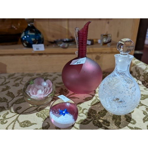 81 - Nice collection of glass including a pink ewer shaped glass decanter, glass perfume bottle likely ma... 