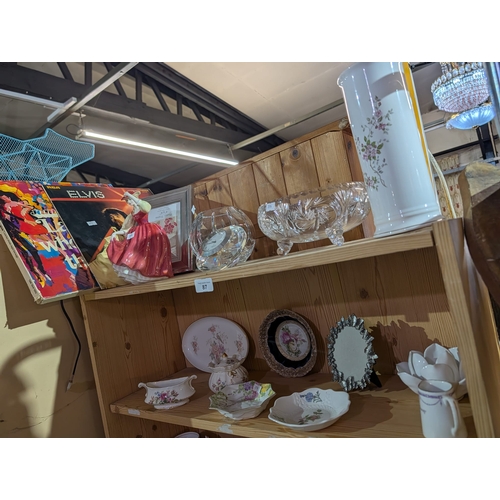 87 - variety of decorative objects, including crystal bowls, ceramic dishes with floral patterns, a small... 